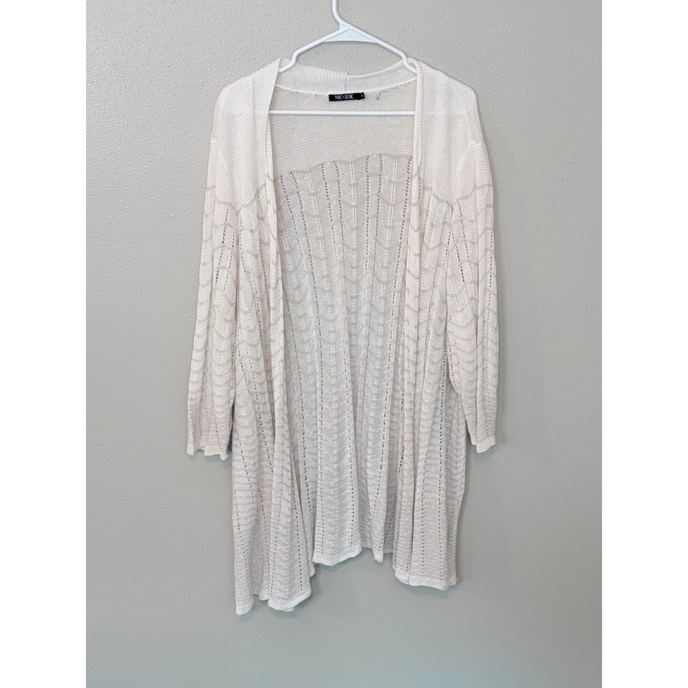 NIC+ZOE White Linen Blend Pointelle boho open Front lightweight Cardigan Sweater